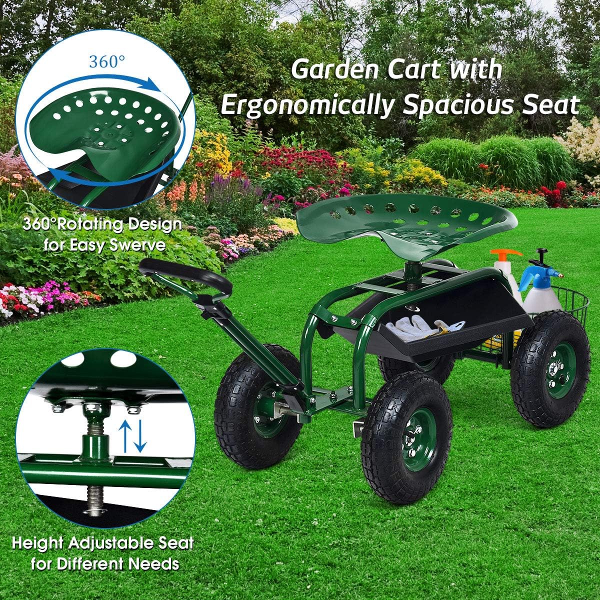 Kursi Dorong Taman dengan Roda - Gardening Tools Basket ulasan dan harga